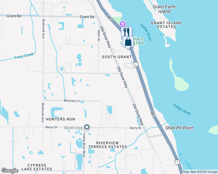 map of restaurants, bars, coffee shops, grocery stores, and more near 4865 Sand Point Road in Grant-Valkaria