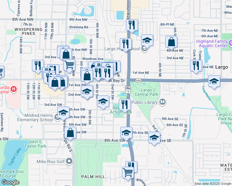 map of restaurants, bars, coffee shops, grocery stores, and more near 119 Cleveland Avenue Southwest in Largo