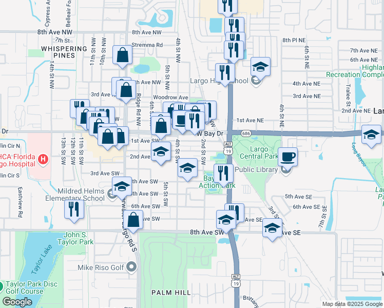 map of restaurants, bars, coffee shops, grocery stores, and more near 291 Cleveland Avenue Southwest in Largo