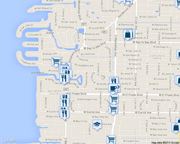 map of restaurants, bars, coffee shops, grocery stores, and more near 4612 W Leona St in Tampa