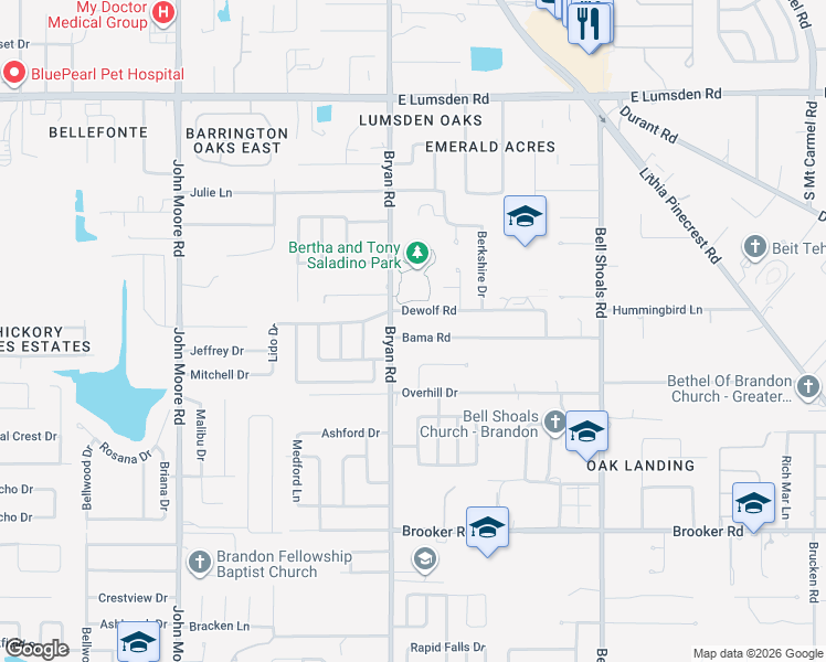 map of restaurants, bars, coffee shops, grocery stores, and more near 606 Bama Road in Brandon
