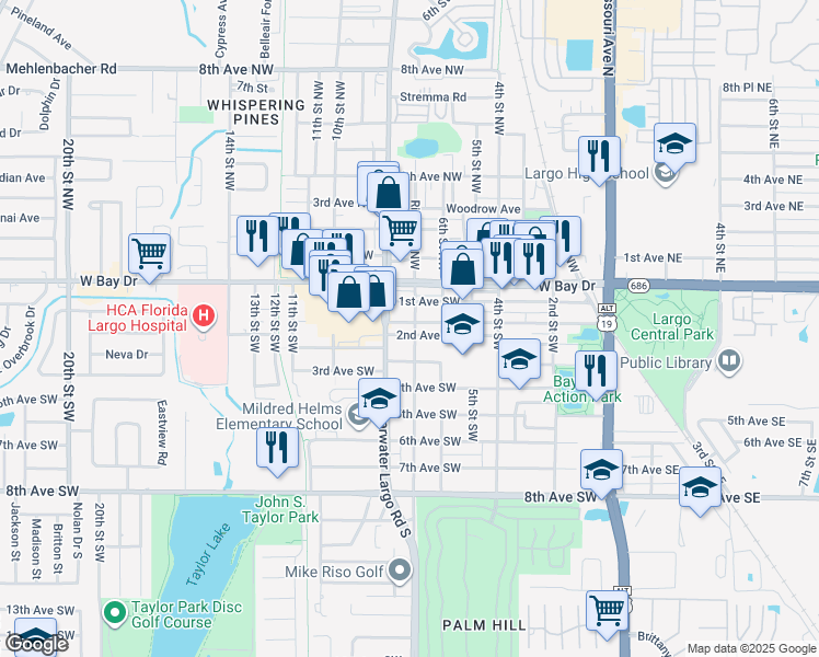 map of restaurants, bars, coffee shops, grocery stores, and more near 703 Cleveland Avenue Southwest in Largo