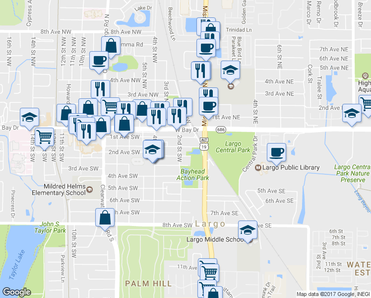 map of restaurants, bars, coffee shops, grocery stores, and more near 117 Cleveland Avenue Southwest in Largo