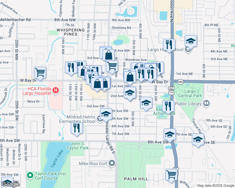 map of restaurants, bars, coffee shops, grocery stores, and more near 703 Cleveland Avenue Southwest in Largo