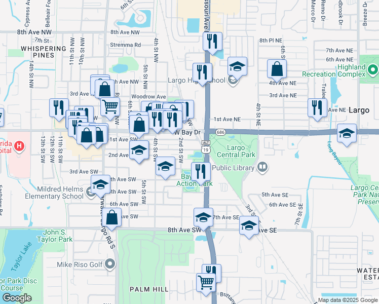 map of restaurants, bars, coffee shops, grocery stores, and more near 117 Cleveland Avenue Southwest in Largo
