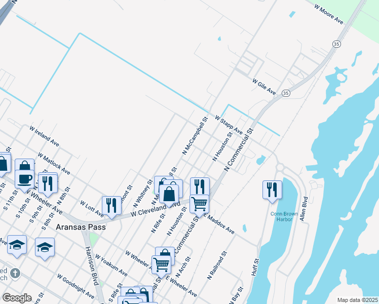 map of restaurants, bars, coffee shops, grocery stores, and more near 735 North McCampbell Street in Aransas Pass