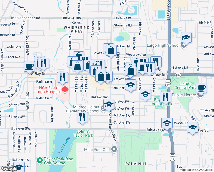 map of restaurants, bars, coffee shops, grocery stores, and more near 801 West Bay Drive in Largo