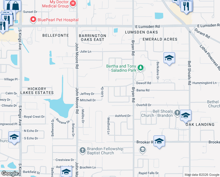 map of restaurants, bars, coffee shops, grocery stores, and more near 1801 Medford Lane in Brandon