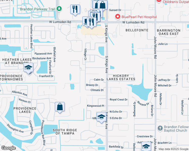 map of restaurants, bars, coffee shops, grocery stores, and more near 711 Sunlit Court in Brandon