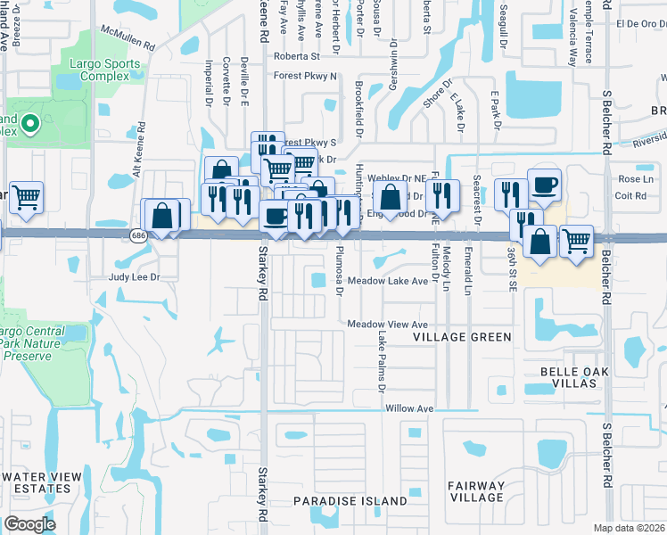 map of restaurants, bars, coffee shops, grocery stores, and more near 152 Plumosa Drive in Largo