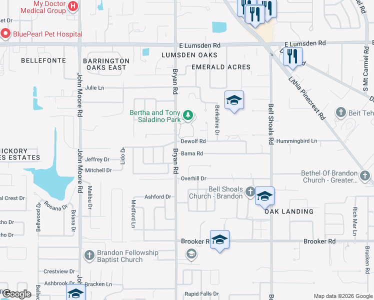 map of restaurants, bars, coffee shops, grocery stores, and more near 606 Bama Road in Brandon