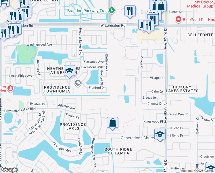 map of restaurants, bars, coffee shops, grocery stores, and more near 1252 Franford Drive in Brandon