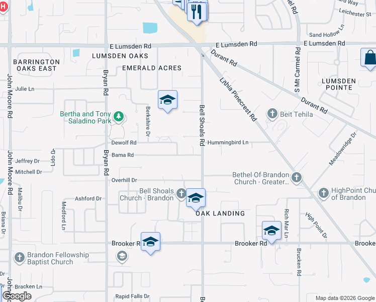map of restaurants, bars, coffee shops, grocery stores, and more near 906 Bama Road in Brandon