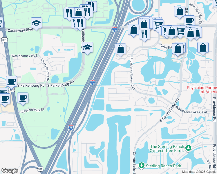 map of restaurants, bars, coffee shops, grocery stores, and more near 2837 Santego Bay Court in Brandon