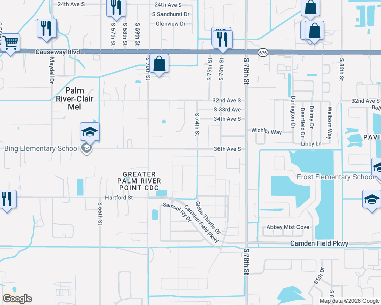 map of restaurants, bars, coffee shops, grocery stores, and more near 3607 Cat Mint Street in Tampa