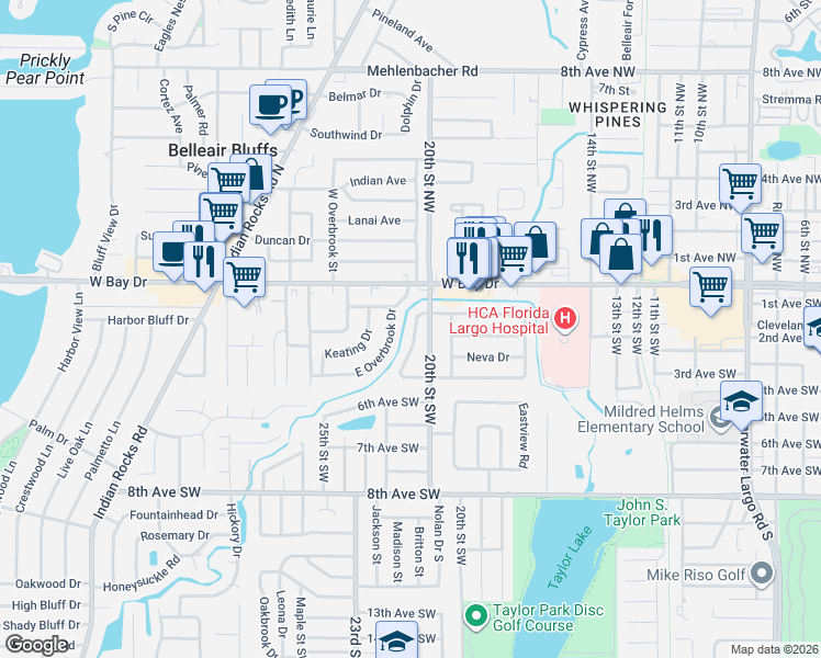 map of restaurants, bars, coffee shops, grocery stores, and more near 143 20th Street Southwest in Largo