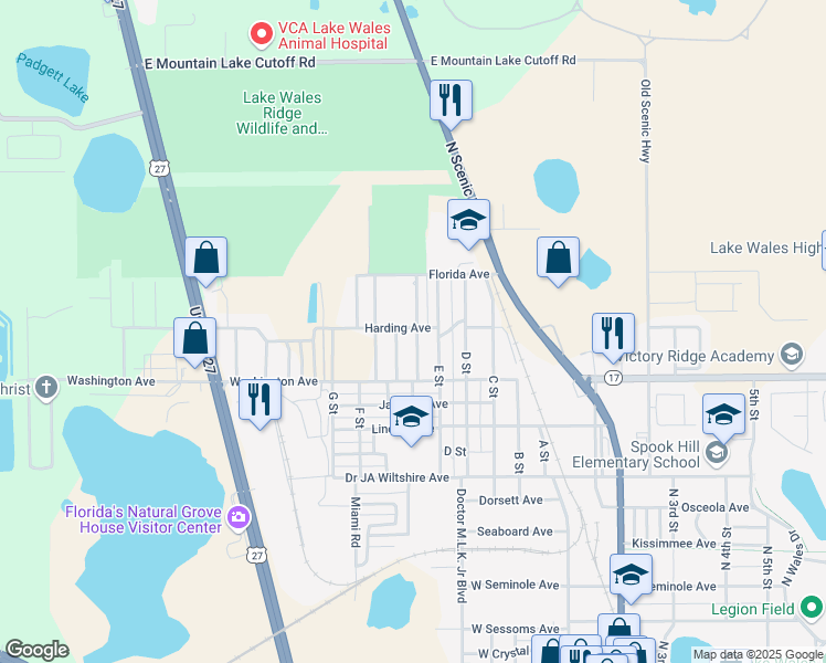 map of restaurants, bars, coffee shops, grocery stores, and more near 337 Pearl Street in Lake Wales