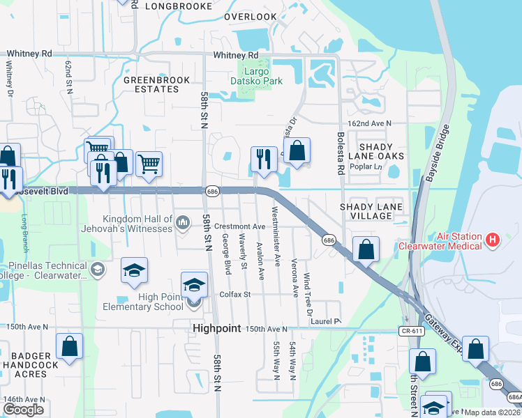 map of restaurants, bars, coffee shops, grocery stores, and more near 15699 Avalon Avenue in Clearwater