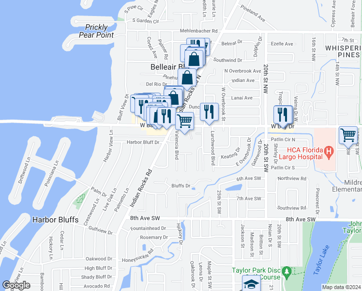 map of restaurants, bars, coffee shops, grocery stores, and more near 215 Valencia Boulevard in Belleair Bluffs
