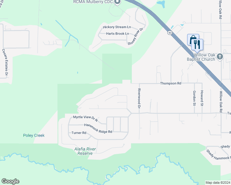 map of restaurants, bars, coffee shops, grocery stores, and more near 2802 Lower Meadow Drive in Mulberry