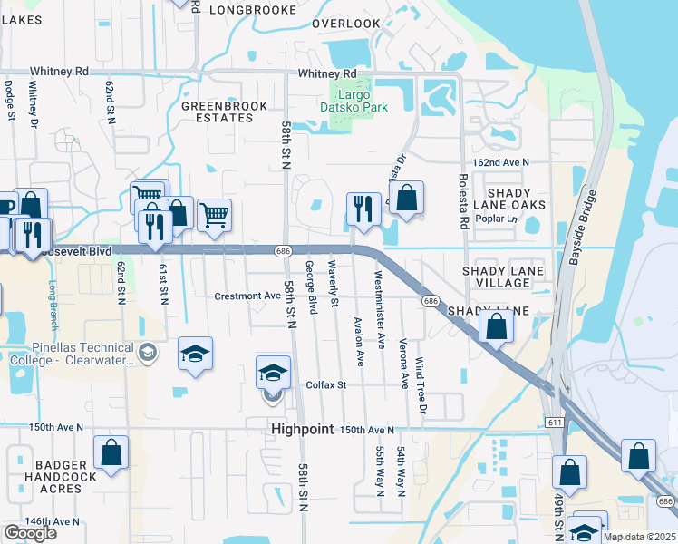 map of restaurants, bars, coffee shops, grocery stores, and more near 15651 Waverly Street in Clearwater