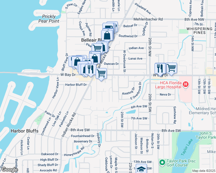 map of restaurants, bars, coffee shops, grocery stores, and more near 202 Twin Lake Drive in Belleair Bluffs