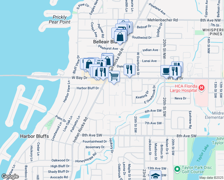 map of restaurants, bars, coffee shops, grocery stores, and more near 215 Valencia Boulevard in Belleair Bluffs