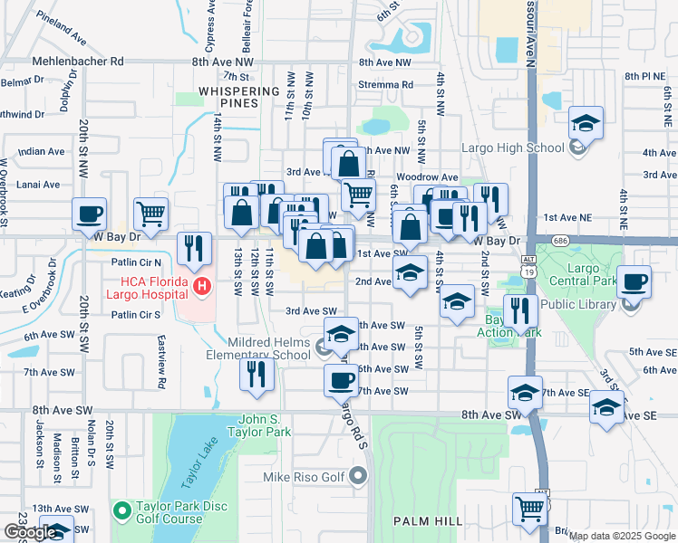 map of restaurants, bars, coffee shops, grocery stores, and more near 801 West Bay Drive in Largo