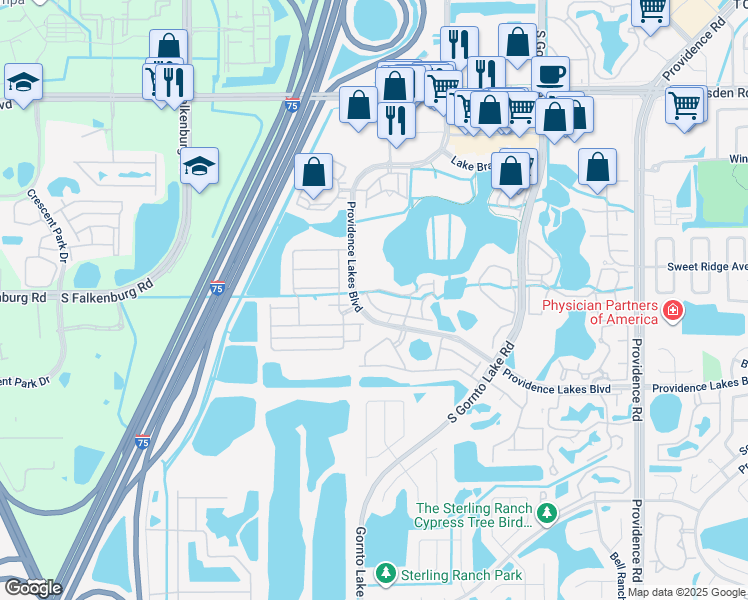 map of restaurants, bars, coffee shops, grocery stores, and more near 2614 Indigo Coast Way in Brandon