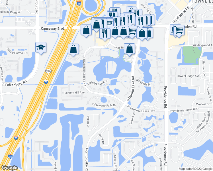 map of restaurants, bars, coffee shops, grocery stores, and more near 1222 Chatham Pine Ln in Brandon