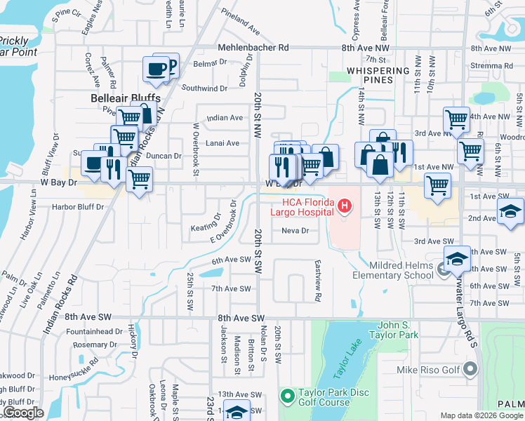 map of restaurants, bars, coffee shops, grocery stores, and more near 120 20th Street Southwest in Largo