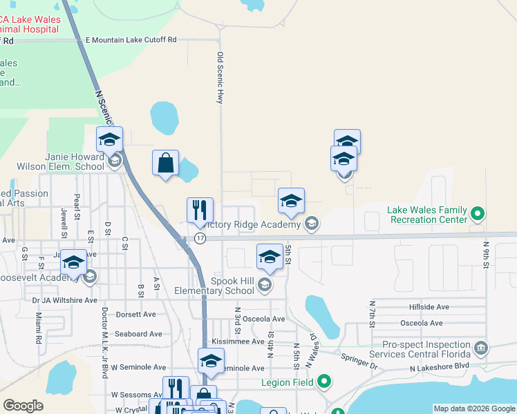 map of restaurants, bars, coffee shops, grocery stores, and more near 988 Lyon Street in Lake Wales