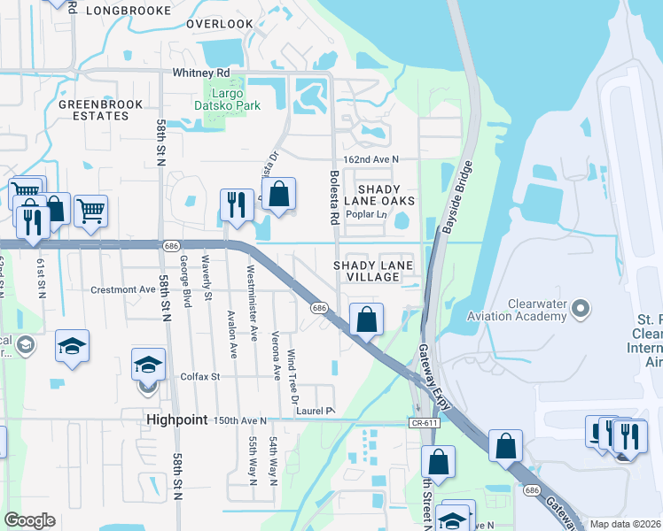 map of restaurants, bars, coffee shops, grocery stores, and more near 15648 Bolesta Road in Clearwater