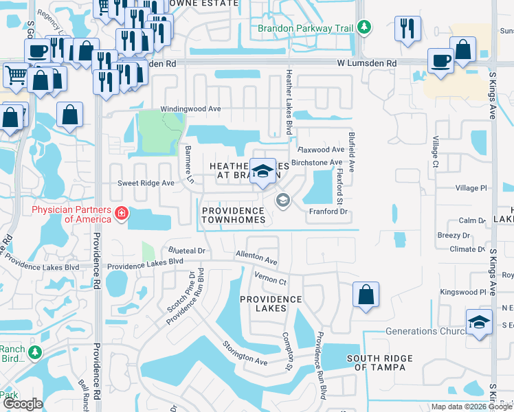 map of restaurants, bars, coffee shops, grocery stores, and more near 1322 Kelridge Place in Brandon