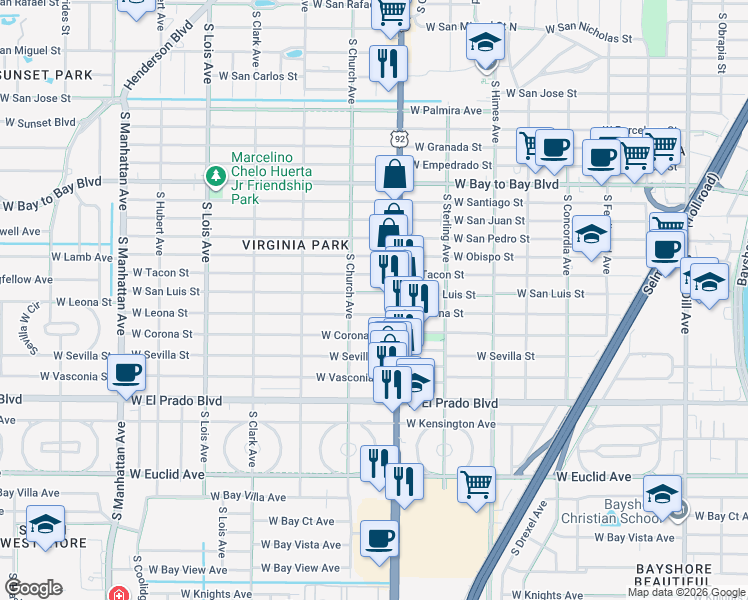 map of restaurants, bars, coffee shops, grocery stores, and more near 3817 West Leona Street in Tampa