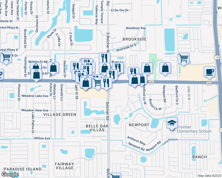 map of restaurants, bars, coffee shops, grocery stores, and more near 53 Belcher Road in Largo