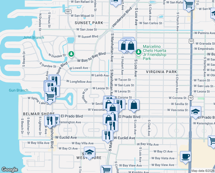 map of restaurants, bars, coffee shops, grocery stores, and more near 3307 South Manhattan Avenue in Tampa