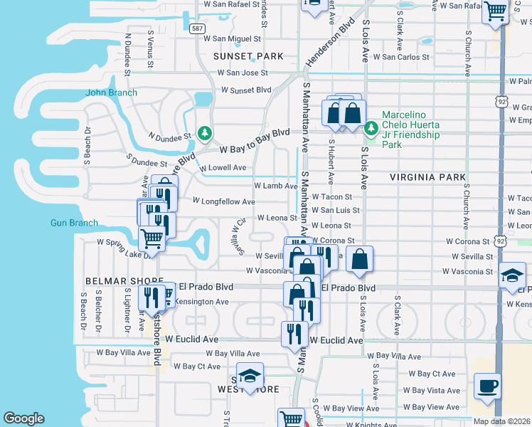 map of restaurants, bars, coffee shops, grocery stores, and more near 3301 Sevilla East Circle in Tampa