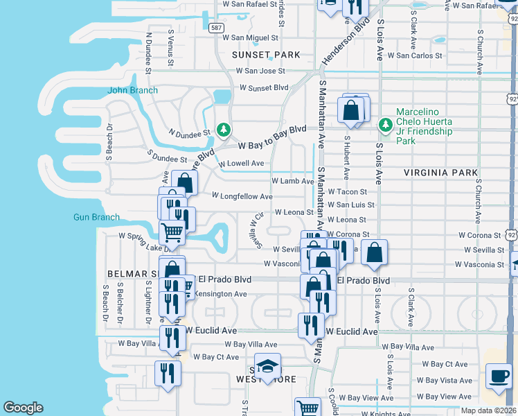 map of restaurants, bars, coffee shops, grocery stores, and more near 3302 Sevilla West Circle in Tampa