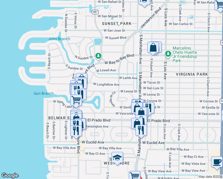 map of restaurants, bars, coffee shops, grocery stores, and more near 4612 West Leona Street in Tampa