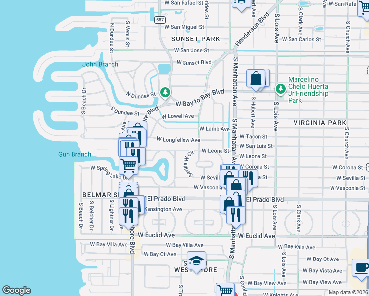 map of restaurants, bars, coffee shops, grocery stores, and more near 4612 West Leona Street in Tampa