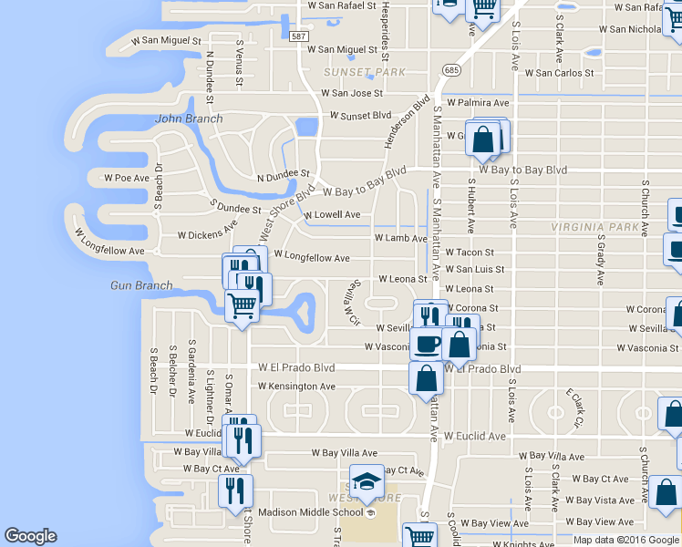 map of restaurants, bars, coffee shops, grocery stores, and more near 4612 West Leona Street in Tampa