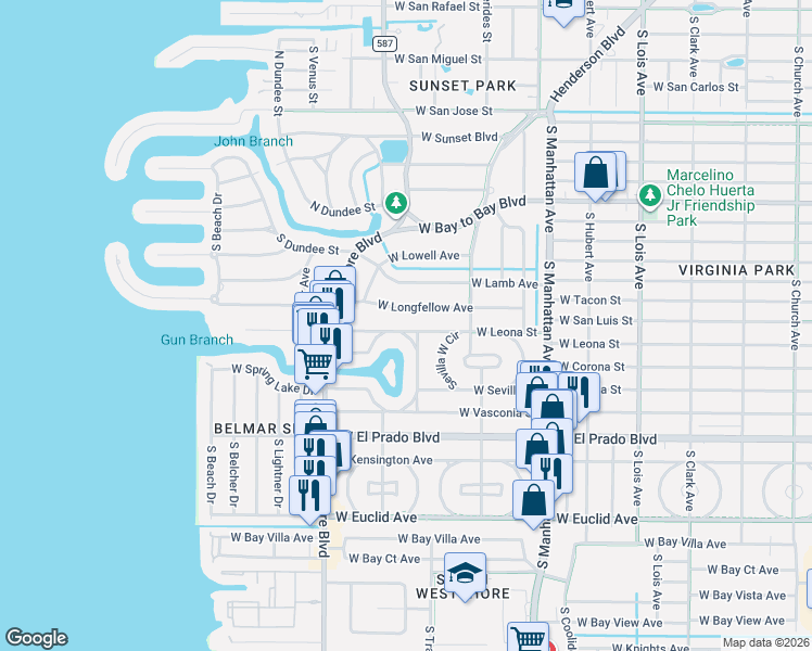 map of restaurants, bars, coffee shops, grocery stores, and more near 4628 West Leona Street in Tampa