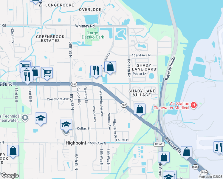 map of restaurants, bars, coffee shops, grocery stores, and more near 15661 Alma Avenue in Clearwater