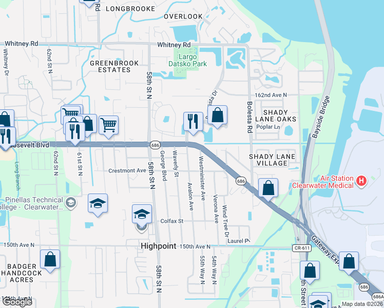 map of restaurants, bars, coffee shops, grocery stores, and more near 15661 Avalon Avenue in Clearwater