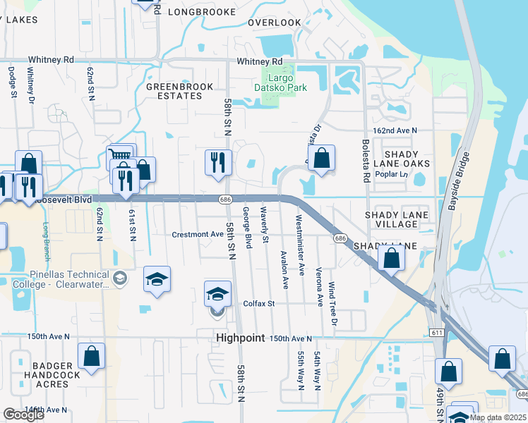 map of restaurants, bars, coffee shops, grocery stores, and more near 15651 Waverly Street in Clearwater