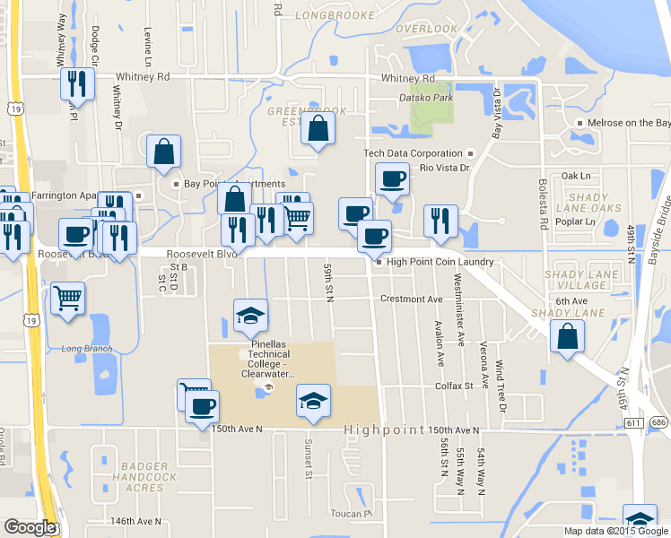 map of restaurants, bars, coffee shops, grocery stores, and more near 5840 157th Avenue North in Clearwater