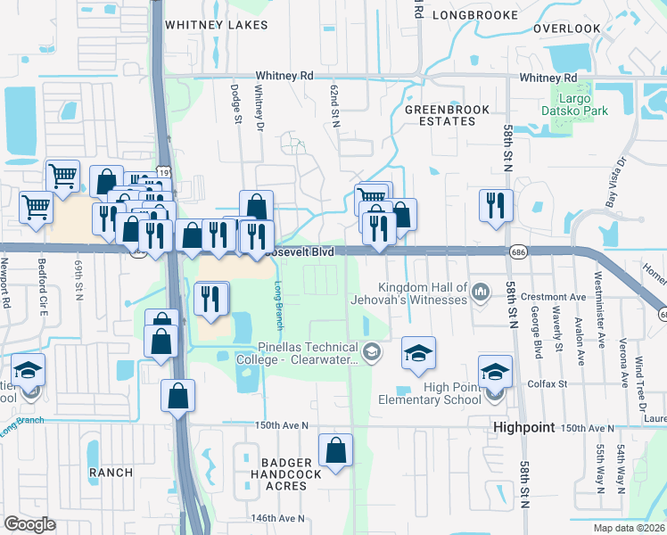 map of restaurants, bars, coffee shops, grocery stores, and more near 56 Saint F in Clearwater