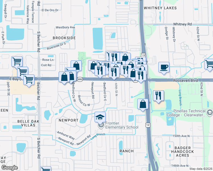map of restaurants, bars, coffee shops, grocery stores, and more near 15673 Darien Way in Clearwater