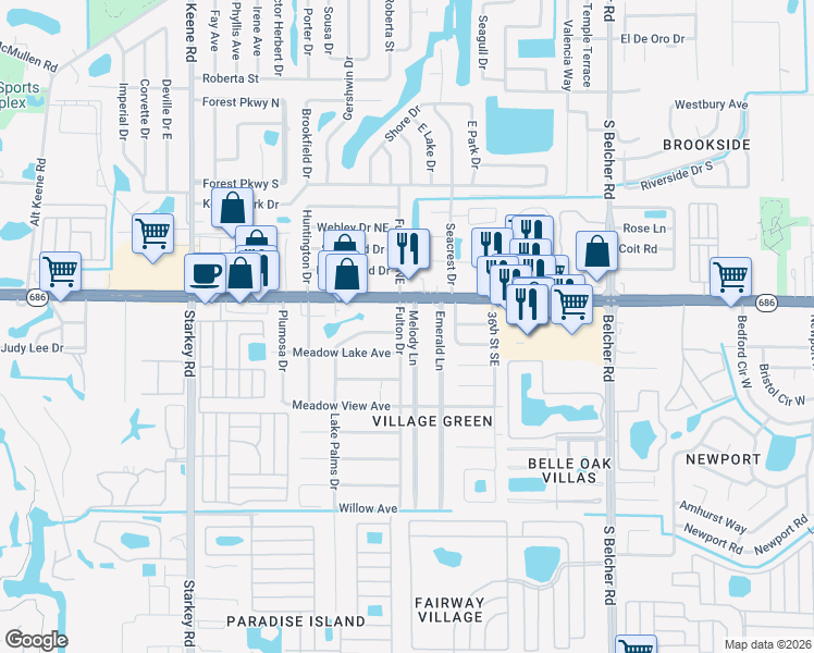 map of restaurants, bars, coffee shops, grocery stores, and more near 109 Melody Lane in Largo